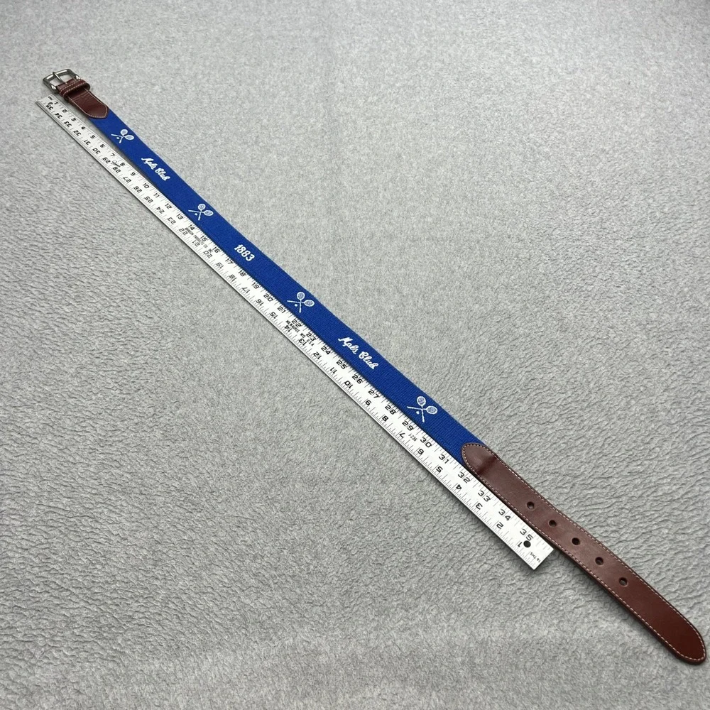 JT Spencer Belt Mens 36 Blue Needlepoint Tennis Rackets Mpls Club Leather USA
